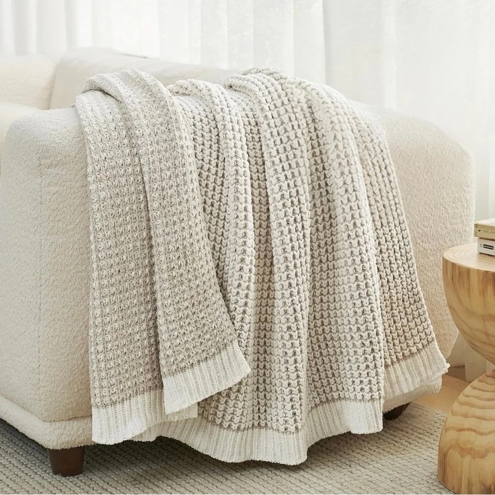 NEW West Elm Beige Woven Waffle Knit Cotton Boho Cozy Throw Blanket - 60